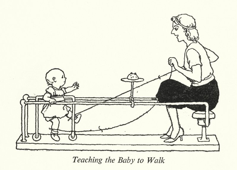 Vauvan opettaminen kävelemään (litho) tekijältä William Heath Robinson