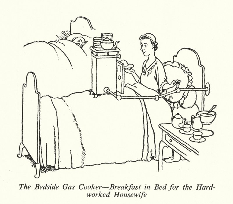 Bedside kaasuliesi, aamiainen sängyssä ahkeralle kotiäidille (litho) tekijältä William Heath Robinson