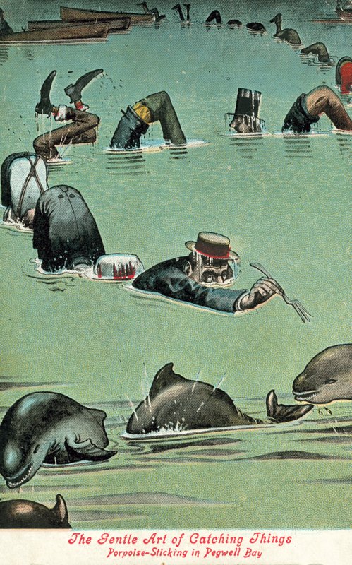 Asioiden kiinniottamisen lempeä taide – Pyöriäisten kiinnittäminen Pegwell Bayssä (värilitho) tekijältä William Heath Robinson