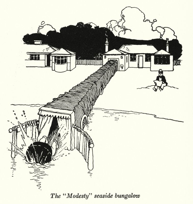 "Modesty" merenrantabungalow (litho) tekijältä William Heath Robinson