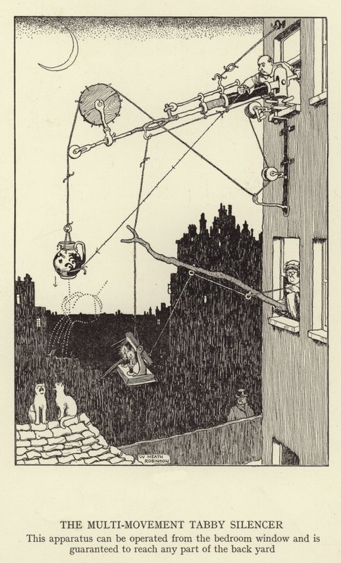 Multi-movement Tabby Silencer, tätä laitetta voidaan käyttää makuuhuoneen ikkunasta käsin, ja sillä päästään taatusti mihin tahansa takapihan osaan. tekijältä William Heath Robinson