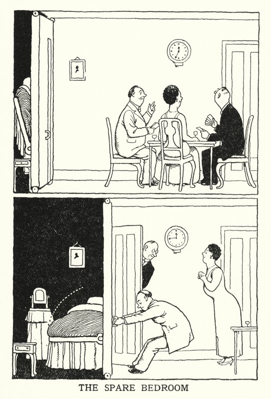 Varamakuuhuone (litho) tekijältä William Heath Robinson