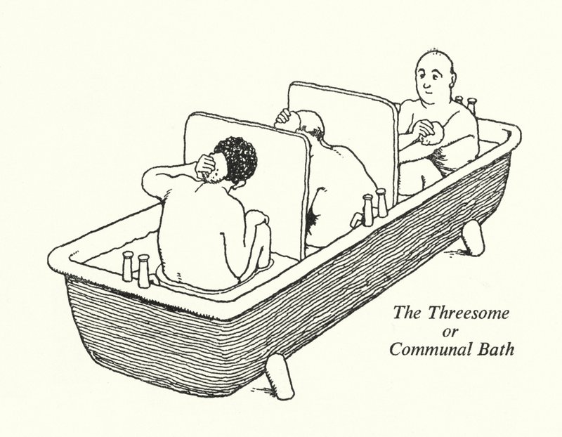 Kolmikko eli yhteinen kylpylä (litho) tekijältä William Heath Robinson