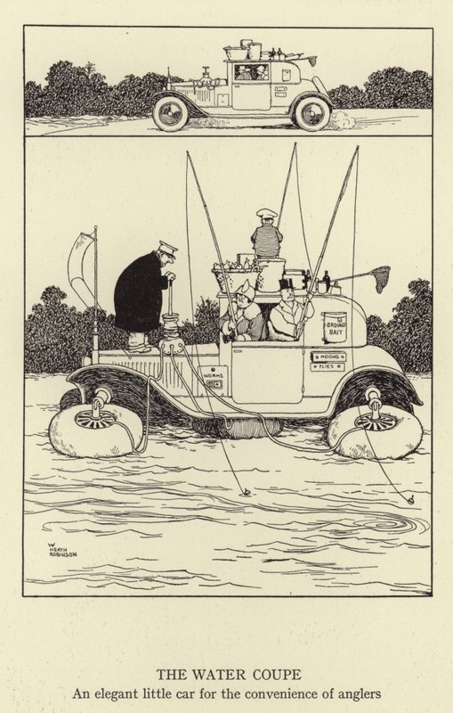 Water Coupe, tyylikäs pieni auto kalastajien mukavuuteen tekijältä William Heath Robinson