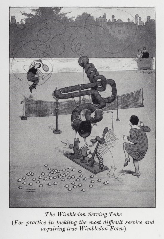 Wimbledonin tarjoiluputki, harjoitteluun vaikeimman palvelun hoitamisessa ja todellisen Wimbledon-muodon hankkimisessa (litho) tekijältä William Heath Robinson
