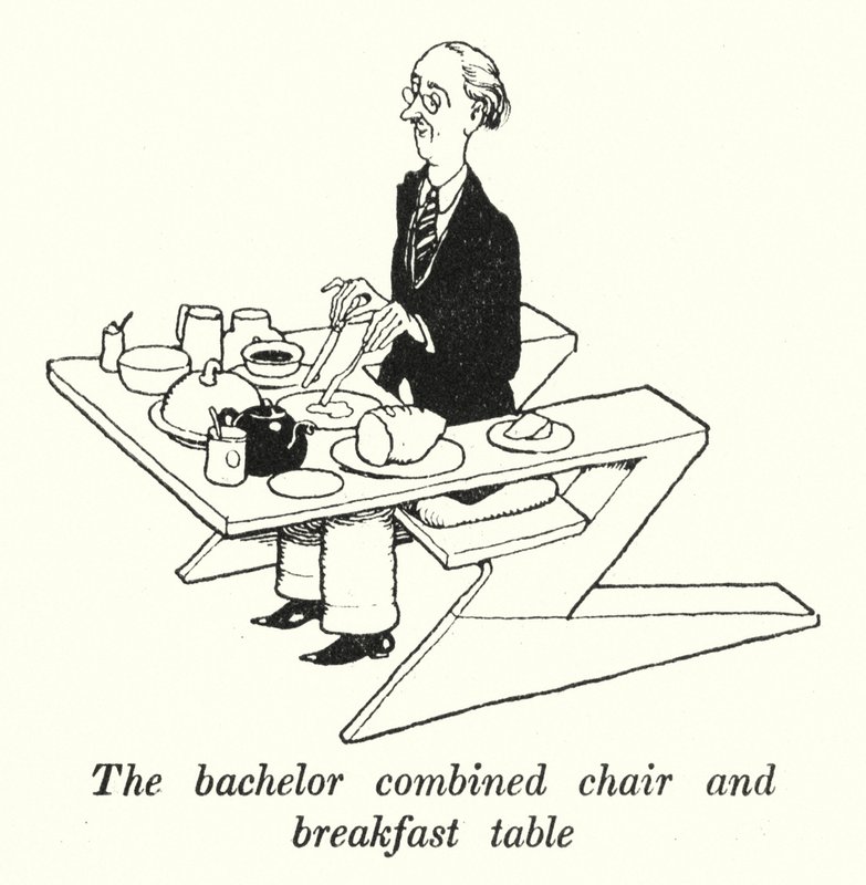 Bachelor yhdistetty tuoli ja aamiaispöytä (litho) tekijältä William Heath Robinson