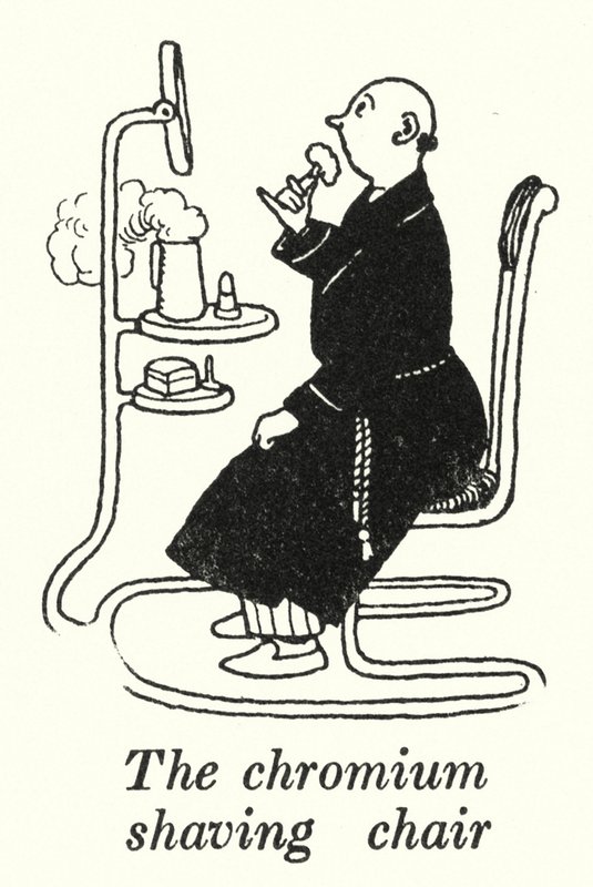 Kromi parranajotuoli (litho) tekijältä William Heath Robinson