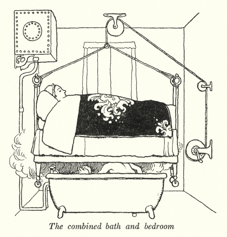 Yhdistetty kylpyhuone ja makuuhuone (litho) tekijältä William Heath Robinson