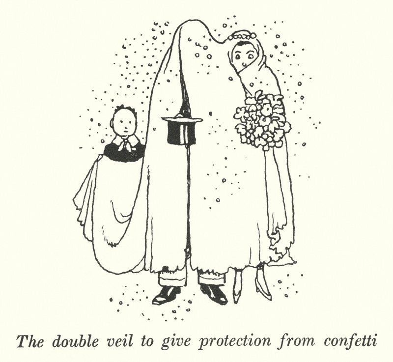 Kaksinkertainen verho suojaa konfettia vastaan (litho) tekijältä William Heath Robinson