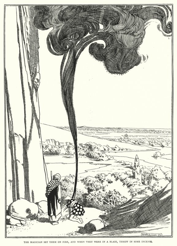 Taikuri sytytti ne tuleen, ja kun ne olivat liekeissä, heitti suitsukkeita (kaiverrus) tekijältä William Heath Robinson