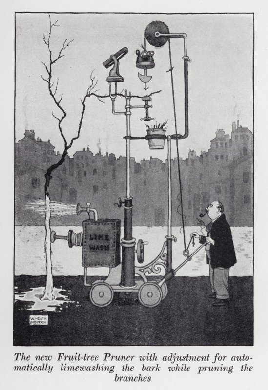 Uusi hedelmäpuiden oksasaha, jossa on säädettävä kuoren automaattinen kalkkipesu oksien leikkaamisen aikana (litho) tekijältä William Heath Robinson