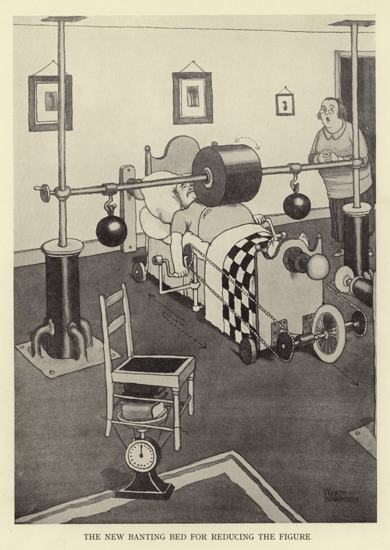 Uusi räpyttelevä sänky figuuria pienentämään tekijältä William Heath Robinson