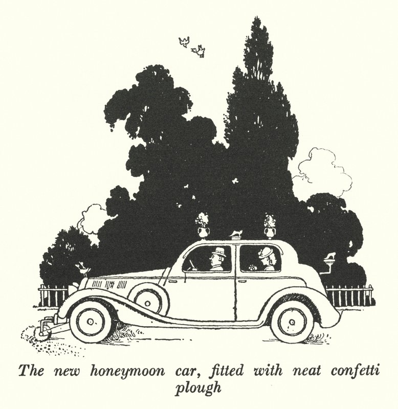 Uusi häämatka-auto, jossa on siisti konfettiaura (litho) tekijältä William Heath Robinson