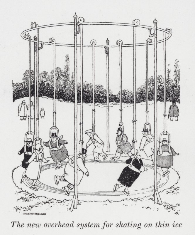 Uusi ylätason järjestelmä luistelemiseen ohuella jäällä (litho) tekijältä William Heath Robinson
