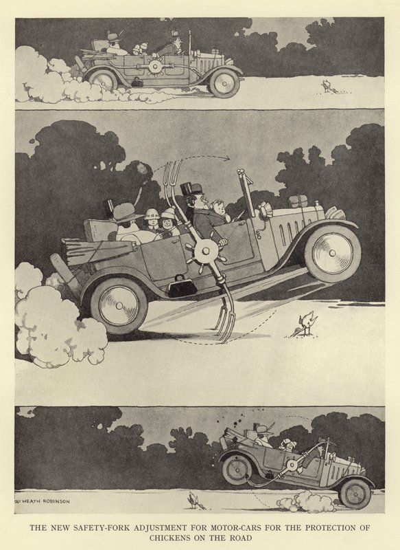 Uusi turvahaarukan säätö autoihin kanojen suojaamiseksi tiellä tekijältä William Heath Robinson