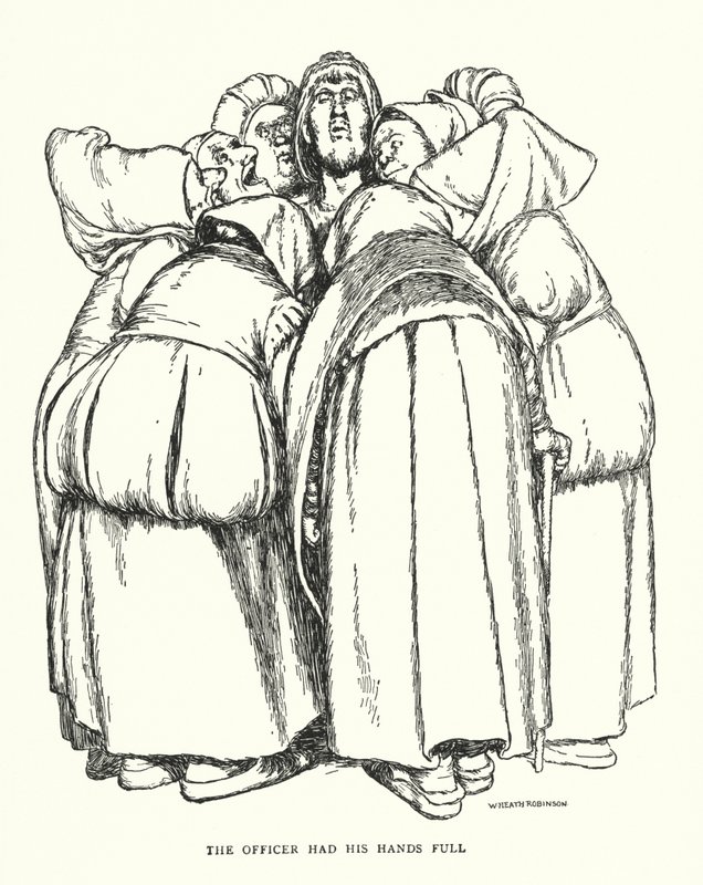 Upseerilla oli kädet täynnä (litho) tekijältä William Heath Robinson