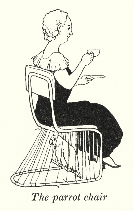 Papukaija tuoli (litho) tekijältä William Heath Robinson