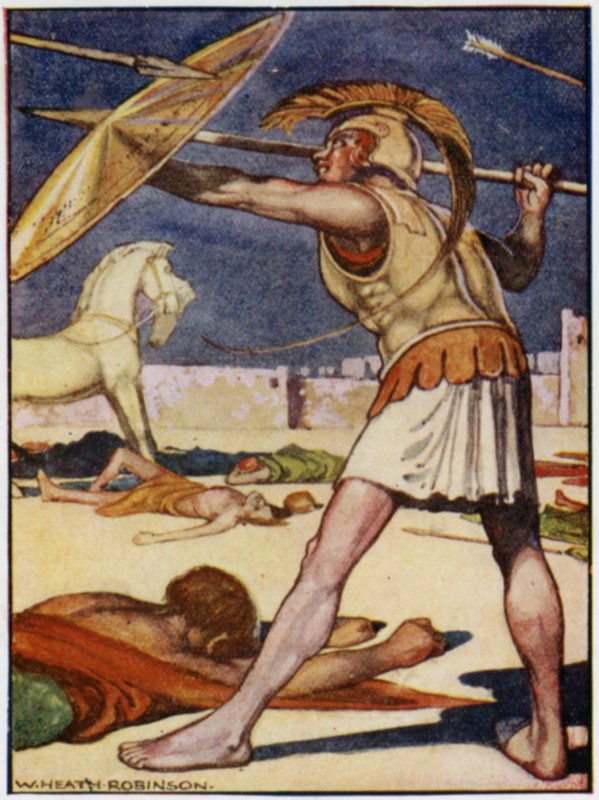 Keihään kärki lensi Patrokloksen vasemman olkapään yli (väri litho) tekijältä William Heath Robinson