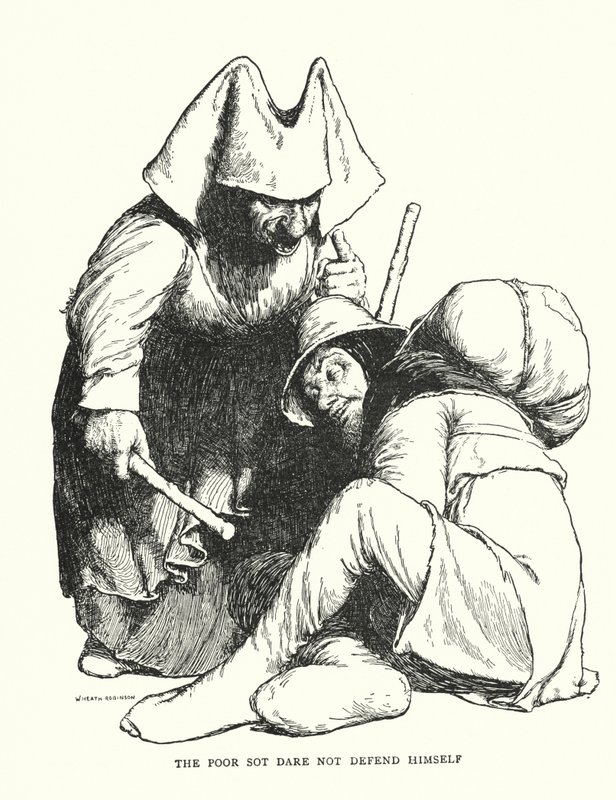 Köyhä sot ei uskalla puolustaa itseään (litho) tekijältä William Heath Robinson