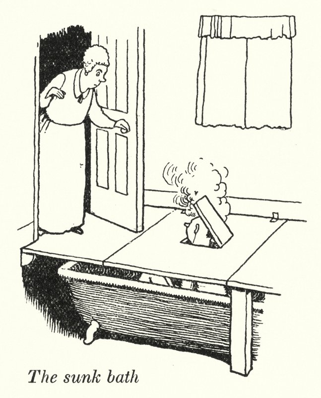 Upotettu kylpy (litho) tekijältä William Heath Robinson