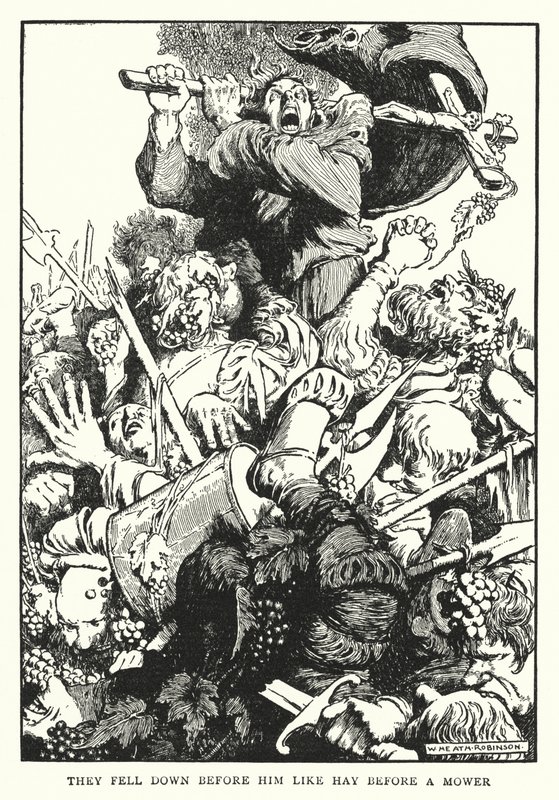 He putosivat hänen eteensä kuin heinä ruohonleikkurin edessä (litho) tekijältä William Heath Robinson