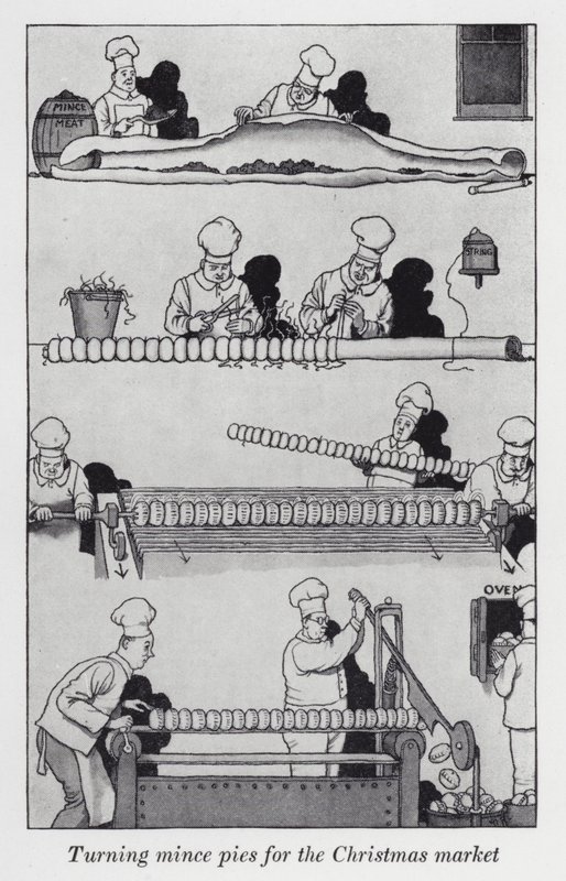 Jauhepiirakkaiden kääntäminen joulumarkkinoille (litho) tekijältä William Heath Robinson