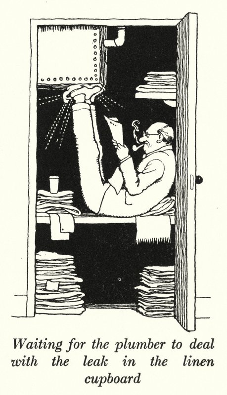 Odotetaan, että putkimies hoitaa vuodon liinavaatekaapin (litho) tekijältä William Heath Robinson