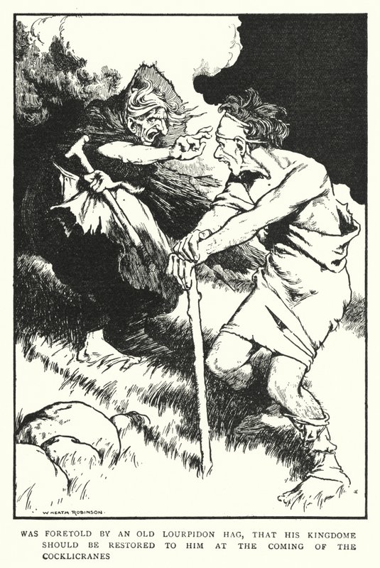 Vanha Lourpidon-hag ennusti, että hänen valtakuntansa palautettaisiin hänelle Cocklicranesin tullessa (litho) tekijältä William Heath Robinson
