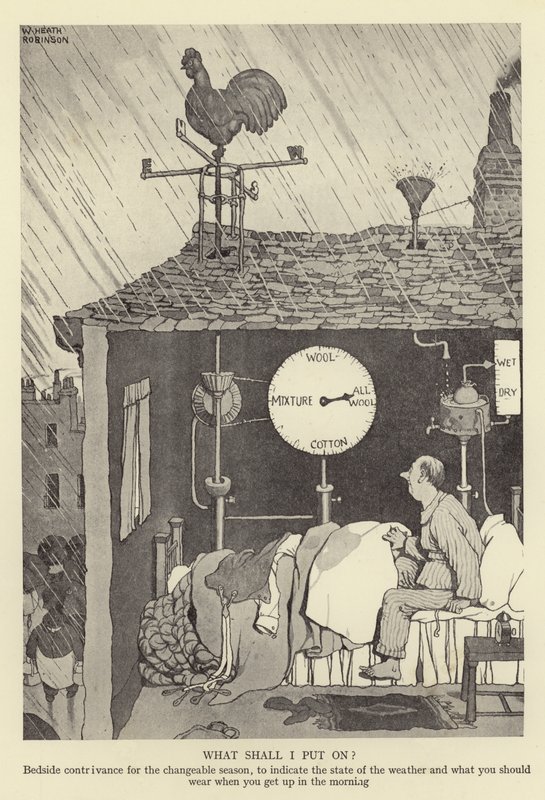 Mitä laitan päälle Yöpöydän keksintö vuodenaikojen vaihtelua varten, ilmaisemaan sään tilan ja sen, mitä sinun pitäisi pukeutua, kun nouset aamulla ylös. tekijältä William Heath Robinson