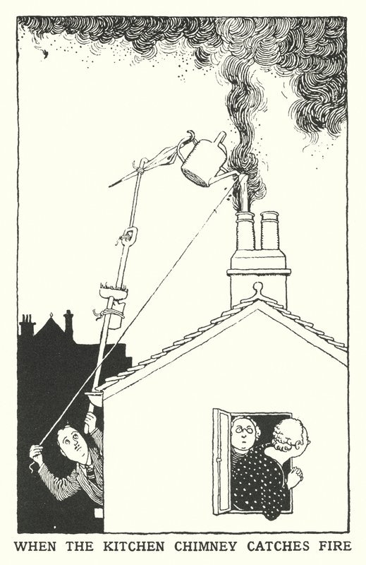 Kun keittiön savupiippu syttyy tuleen (litho) tekijältä William Heath Robinson