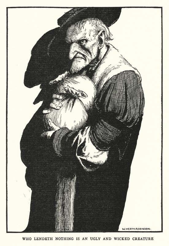 Joka ei lainaa mitään, on ruma ja ilkeä olento (litho) tekijältä William Heath Robinson
