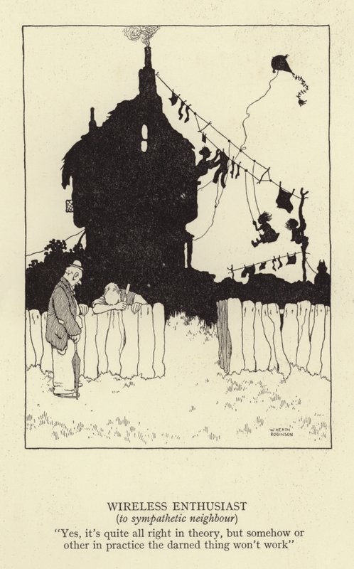 Langattoman verkon harrastaja, sympaattiselle naapurille tekijältä William Heath Robinson