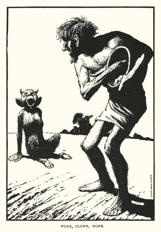 Työ, klovni, työ (litho) tekijältä William Heath Robinson