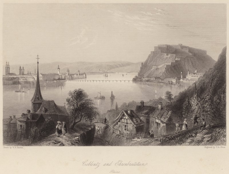 Coblentz ja Ehrenbreitstein (kaiverrus) tekijältä William Henry (after) Bartlett