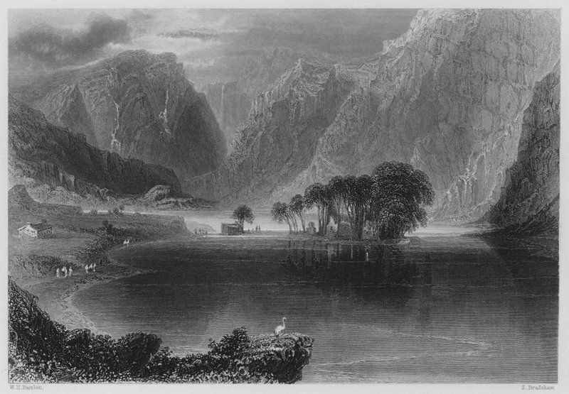 Gougane Barra (kaiverrus) tekijältä William Henry (after) Bartlett