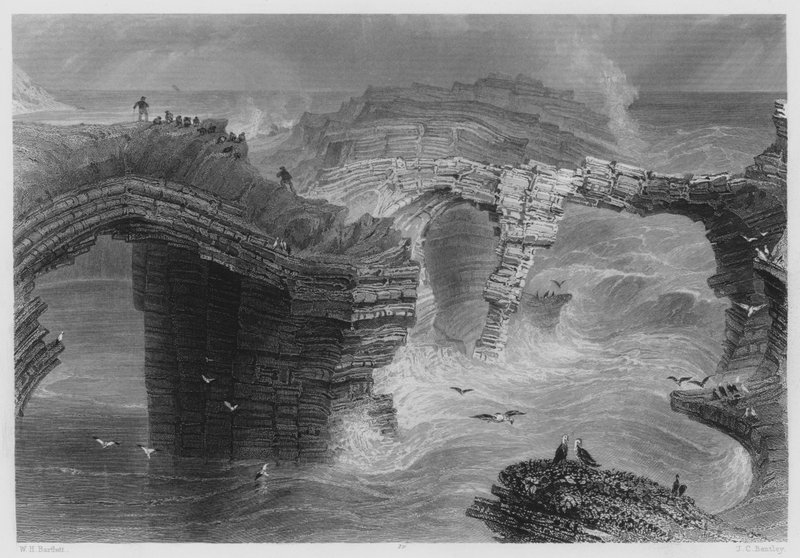 Natural Bridges, lähellä Kilkee (kaiverrus) tekijältä William Henry (after) Bartlett