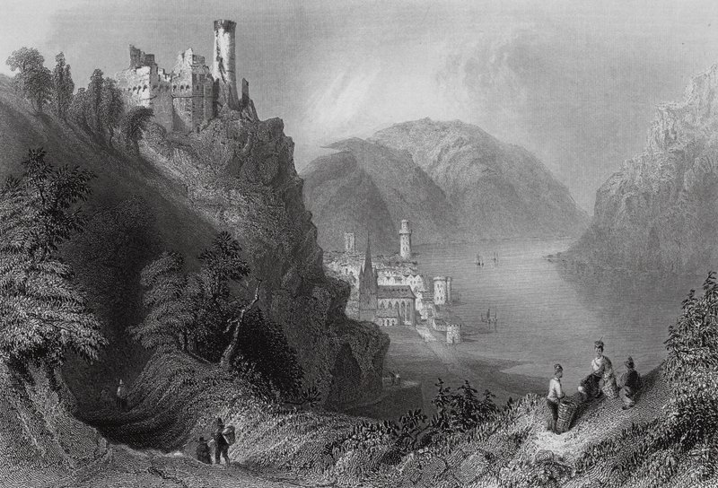 Oberwesel ja Schombergin linna (kaiverrus) tekijältä William Henry (after) Bartlett