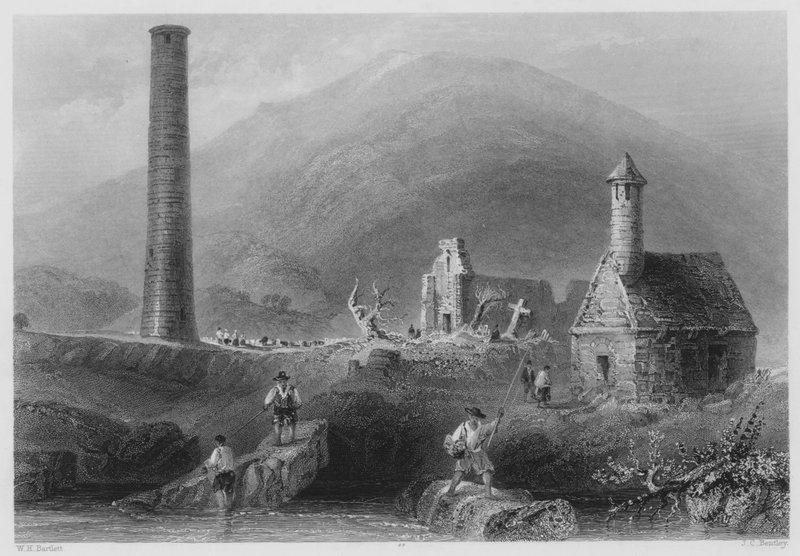 Pyöreä torni jne., Glendalough, County Wicklow (kaiverrus) tekijältä William Henry (after) Bartlett