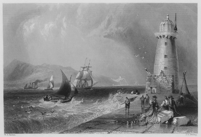 Eteläseinämän majakka, Howth-kukkula kaukana (kaiverrus) tekijältä William Henry (after) Bartlett