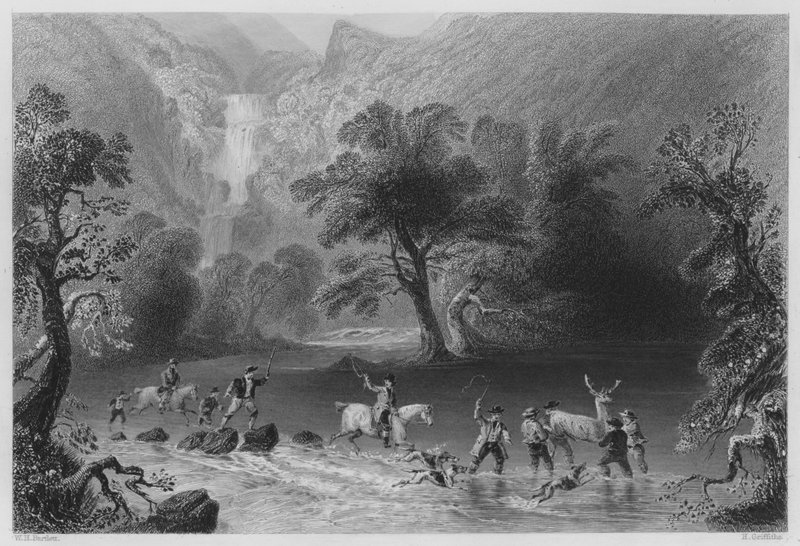 Hirven ottaminen, lähellä Derrycunnihy Cascadea, Killarney (kaiverrus) tekijältä William Henry (after) Bartlett
