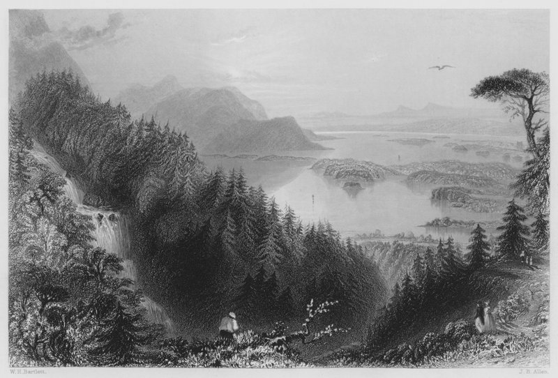 Ala- ja Torc Lakes, Killarney, Torcin vesiputouksesta (kaiverrus) tekijältä William Henry (after) Bartlett