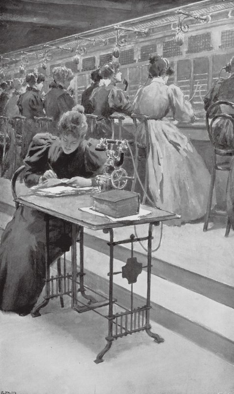 Töissä puhelinkeskuksessa (litografia) tekijältä William Henry (after) Margetson
