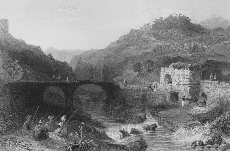 Khan tai Inn, Damourilla, Libanonissa, Betadinen ja Beirutin välissä tekijältä William Henry Bartlett