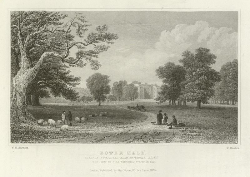 Bower Hall, Steeple Bumpstead, lähellä Haverhilliä, Essex, Elly Anderson Stephensin koti, Esquire tekijältä William Henry Bartlett