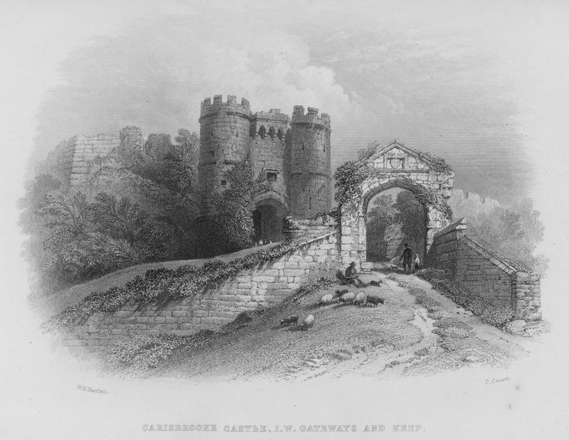Carisbrooke Castle, Isle of Wight, Gateways and Keep (kaiverrus) tekijältä William Henry Bartlett
