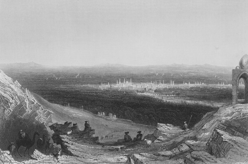 Damaskos, kaukainen näkymä vuorenrannalta tekijältä William Henry Bartlett