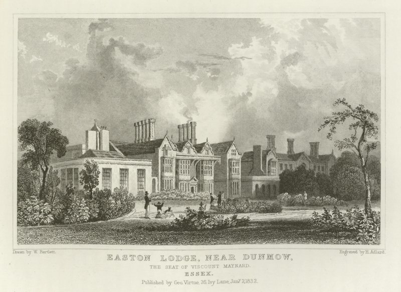Easton Lodge, lähellä Great Dunmowia, varakreivi Maynardin kotipaikkaa Essexissä tekijältä William Henry Bartlett