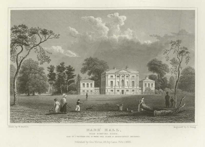 Hare Hall, lähellä Romfordia, Essex, J Westernin kotipaikka, Esquire tekijältä William Henry Bartlett