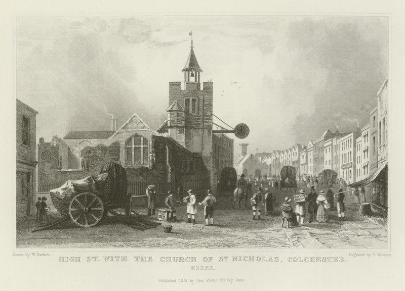 High Street ja Pyhän Nikolauksen kirkko, Colchester, Essex tekijältä William Henry Bartlett