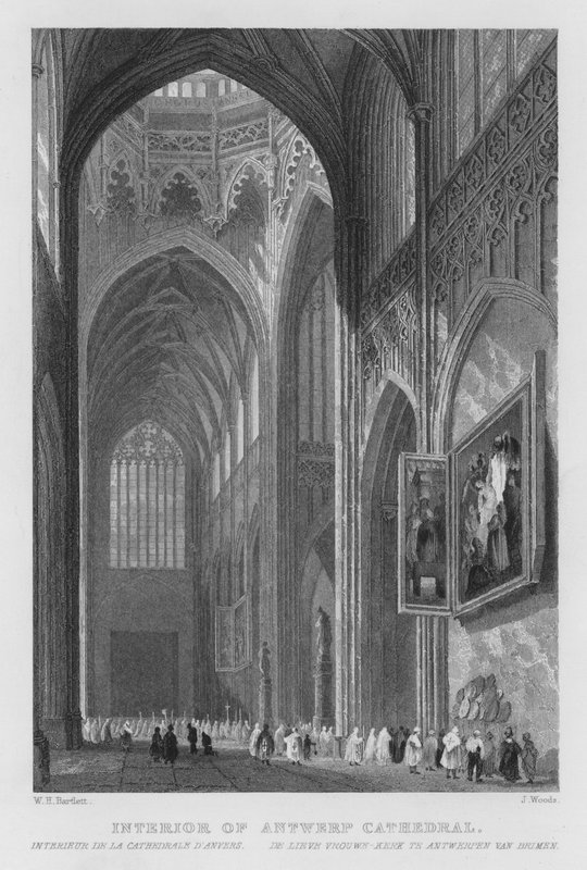 Antwerpenin katedraalin sisustus (kaiverrus) tekijältä William Henry Bartlett